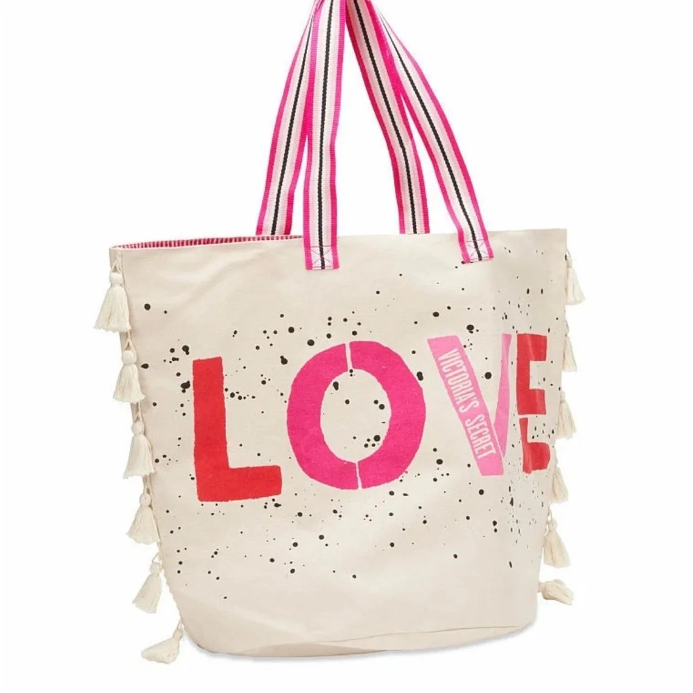 Victoria's Secret Pink & Red LOVE Canvas Tote with Tassels Weekender Beach Bag